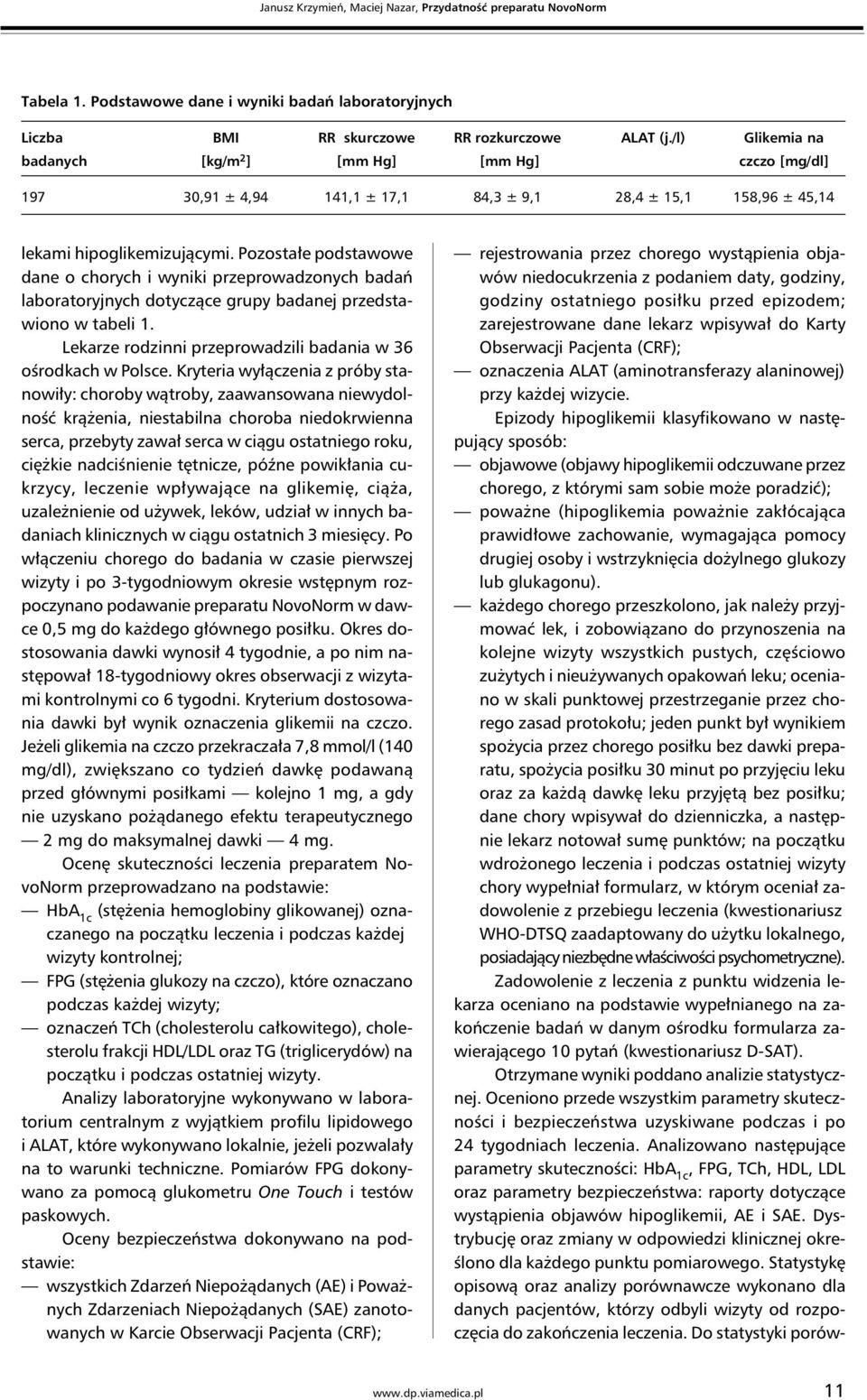 Pozostałe podstawowe dane o chorych i wyniki przeprowadzonych badań laboratoryjnych dotyczące grupy badanej przedstawiono w tabeli 1. Lekarze rodzinni przeprowadzili badania w 36 ośrodkach w Polsce.