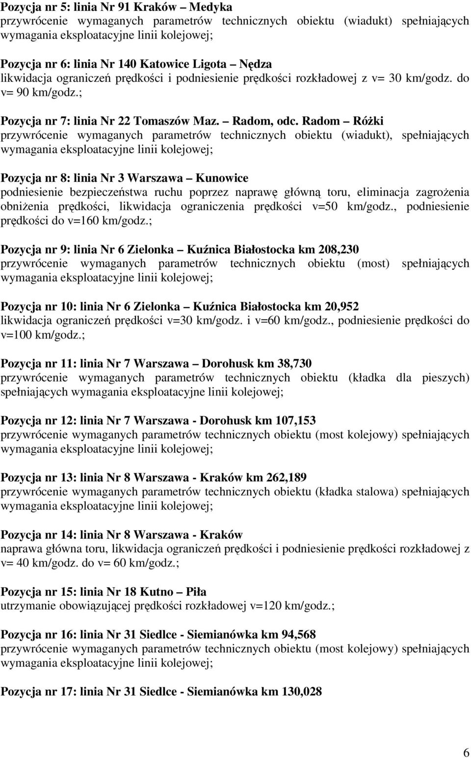 Radom Różki przywrócenie wymaganych parametrów technicznych obiektu (wiadukt), spełniających Pozycja nr 8: linia Nr 3 Warszawa Kunowice podniesienie bezpieczeństwa ruchu poprzez naprawę główną toru,