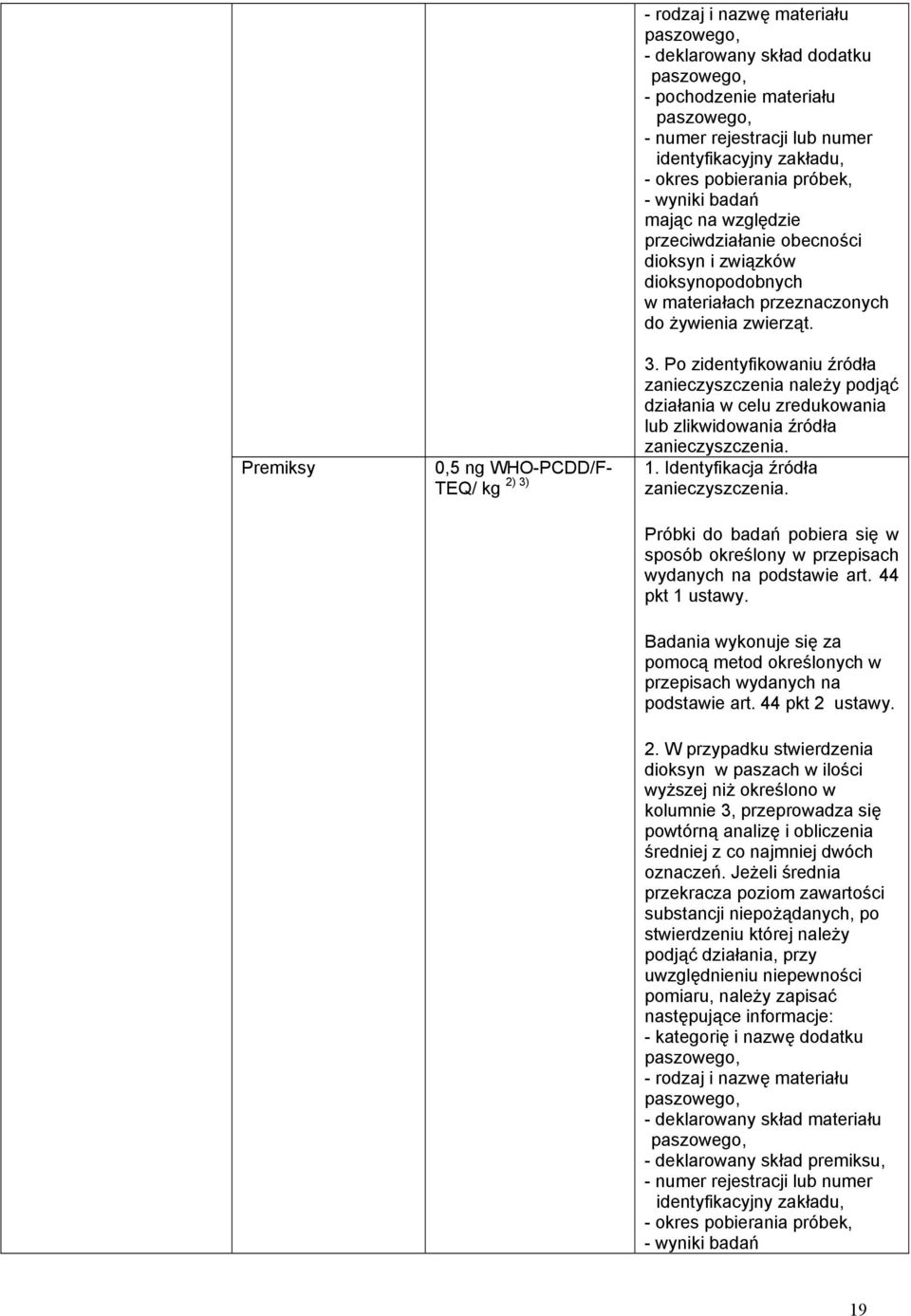 dioksyn w paszach w ilości wyższej niż określono w kolumnie 3, przeprowadza się powtórną analizę i obliczenia