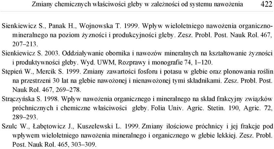 Zmiany zawartości fosforu i potasu w glebie oraz plonowania roślin na przestrzeni lat na glebie nawożonej i nienawożonej tymi składnikami. Zesz. Probl. Post. Nauk Rol., 9 8. Strączyńska S. 998.