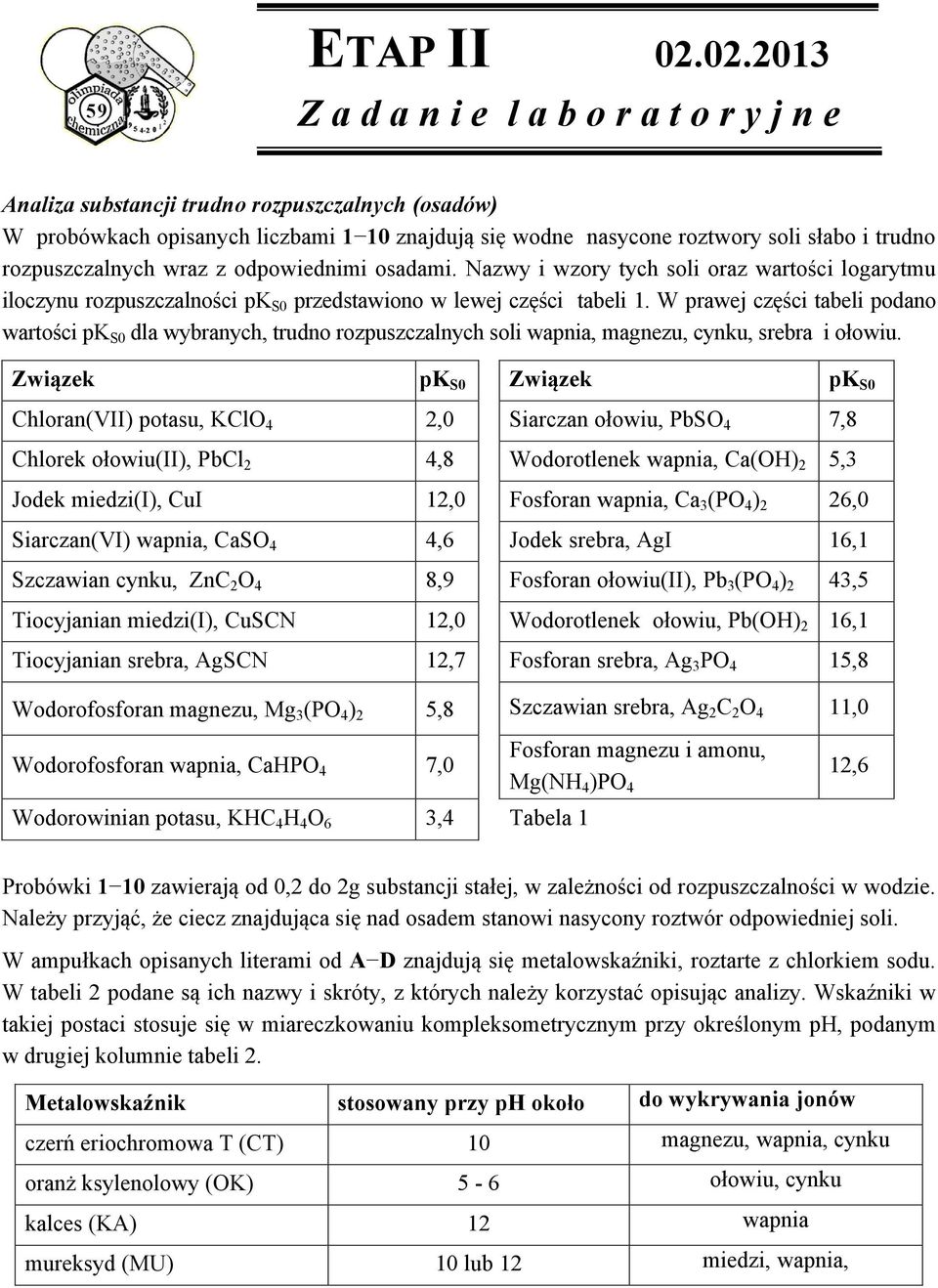 rozpuszczalnych wraz z odpowiednimi osadami. Nazwy i wzory tych soli oraz wartości logarytmu iloczynu rozpuszczalności pk S0 przedstawiono w lewej części tabeli 1.