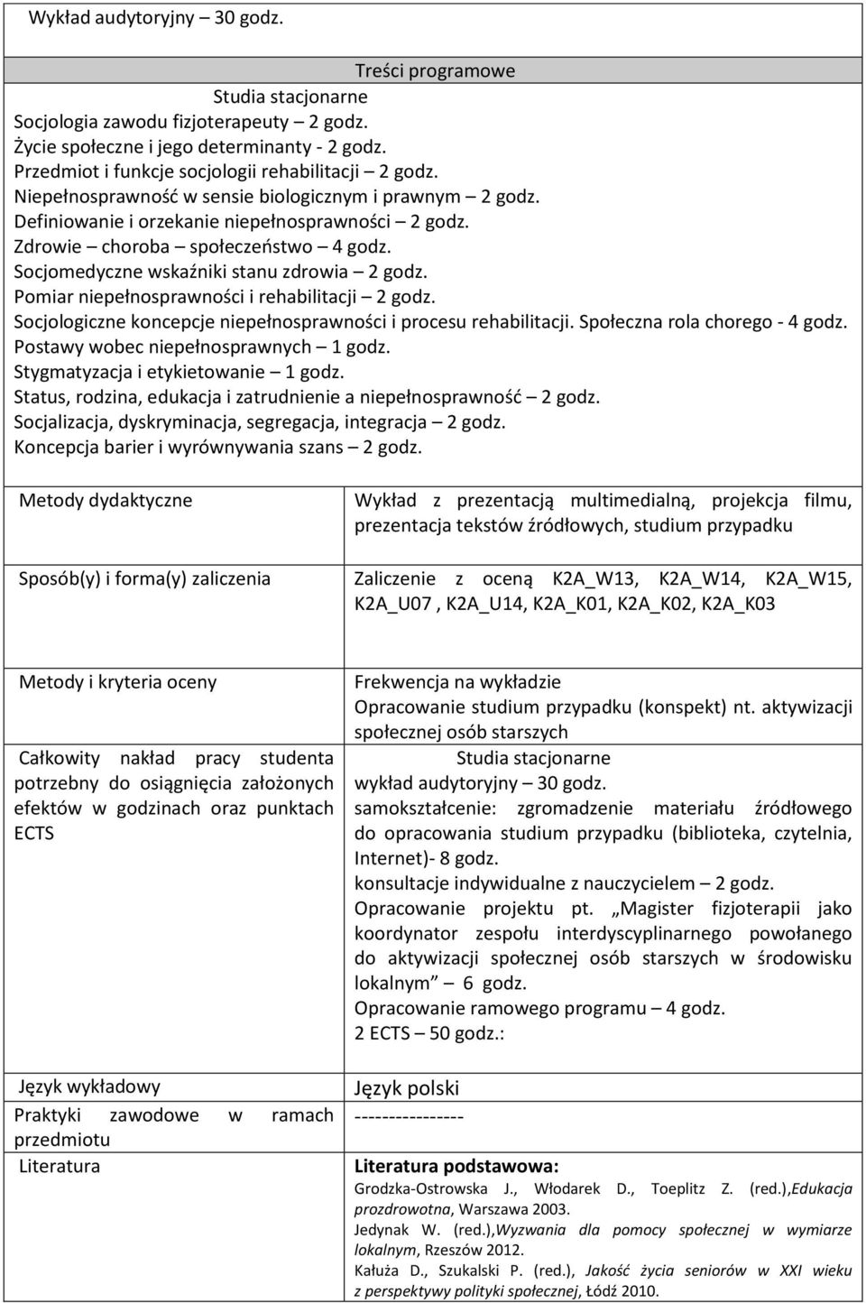 Socjomedyczne wskaźniki stanu zdrowia 2 godz. Pomiar niepełnosprawności i rehabilitacji 2 godz. Socjologiczne koncepcje niepełnosprawności i procesu rehabilitacji. Społeczna rola chorego - 4 godz.