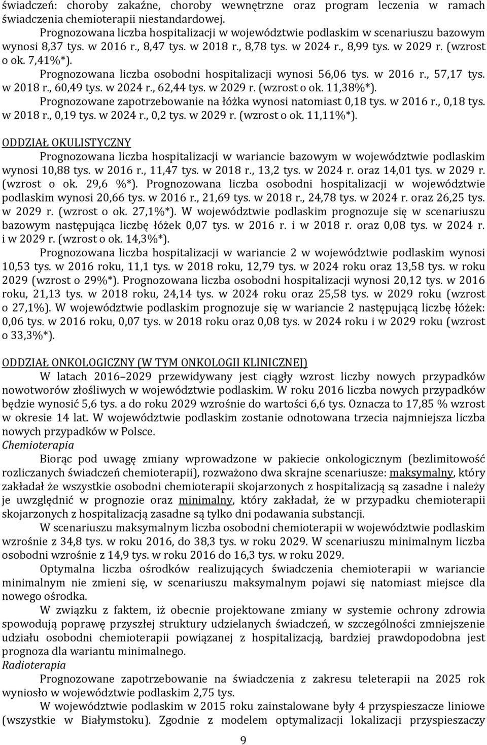 Prognozowana liczba osobodni hospitalizacji wynosi 56,06 tys. w 2016 r., 57,17 tys. w 2018 r., 60,49 tys. w 2024 r., 62,44 tys. w 2029 r. (wzrost o ok. 11,38%*).