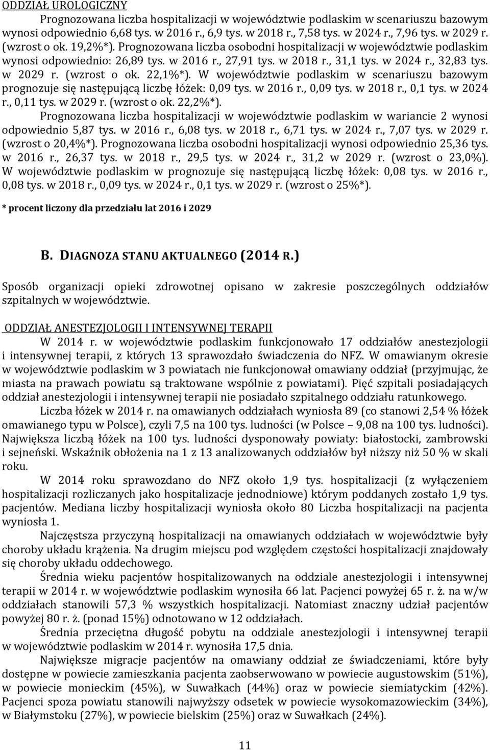 w 2029 r. (wzrost o ok. 22,1%*). W województwie podlaskim w scenariuszu bazowym prognozuje się następującą liczbę łóżek: 0,09 tys. w 2016 r., 0,09 tys. w 2018 r., 0,1 tys. w 2024 r., 0,11 tys.