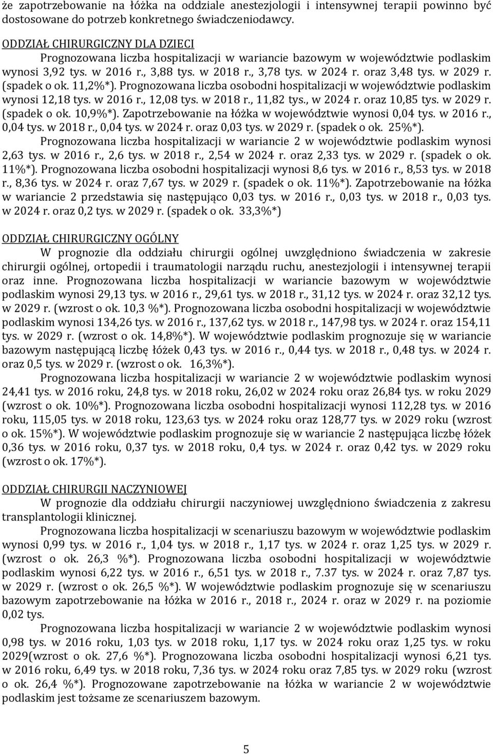 w 2029 r. (spadek o ok. 11,2%*). Prognozowana liczba osobodni hospitalizacji w województwie podlaskim wynosi 12,18 tys. w 2016 r., 12,08 tys. w 2018 r., 11,82 tys., w 2024 r. oraz 10,85 tys. w 2029 r.