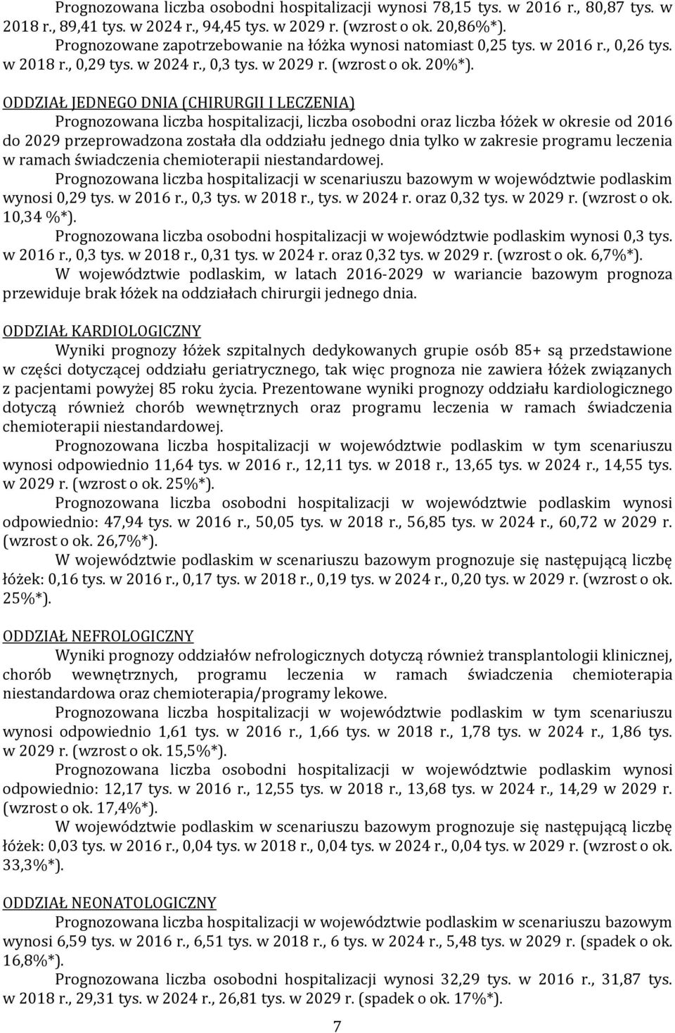 ODDZIAŁ JEDNEGO DNIA (CHIRURGII I LECZENIA) Prognozowana liczba hospitalizacji, liczba osobodni oraz liczba łóżek w okresie od 2016 do 2029 przeprowadzona została dla oddziału jednego dnia tylko w
