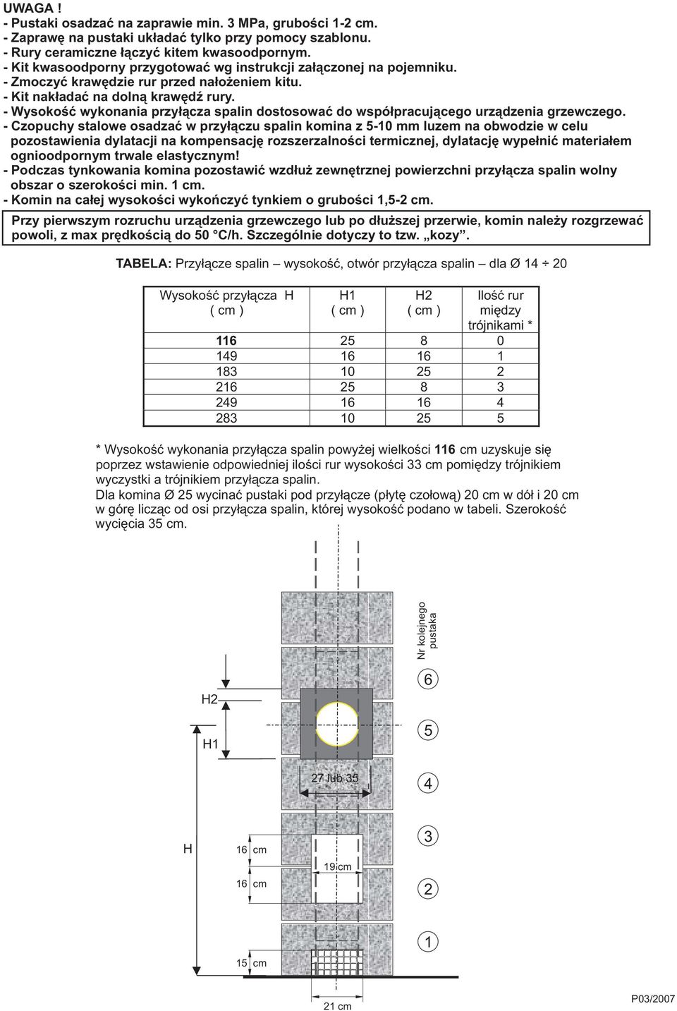 - Wysokoœæ wykonania przy³¹cza spalin dostosowaæ do wspó³pracuj¹cego urz¹dzenia grzewczego.