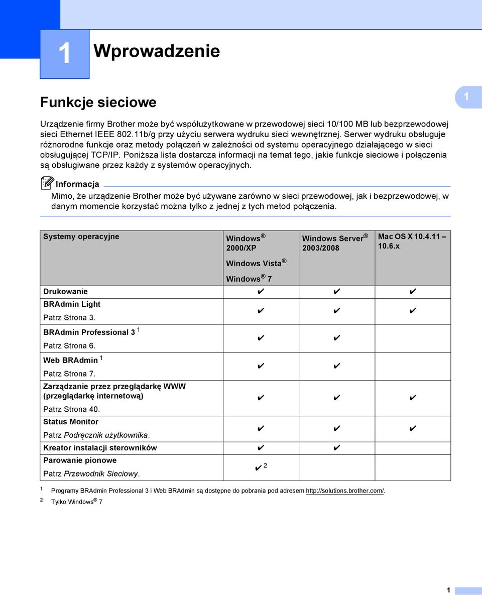 Poniższa lista dostarcza informacji na temat tego, jakie funkcje sieciowe i połączenia są obsługiwane przez każdy z systemów operacyjnych.