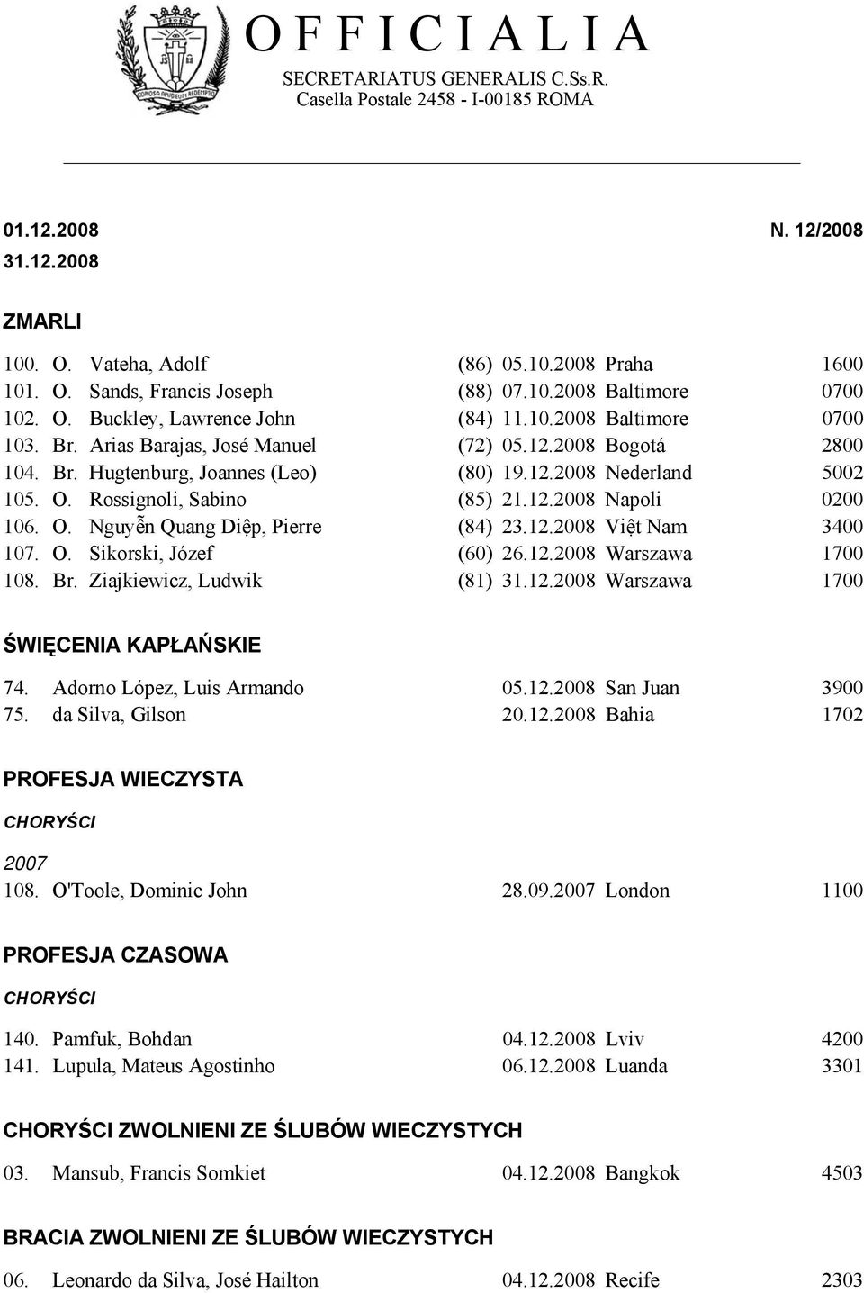 O. Rossignoli, Sabino (85) 21.12.2008 Napoli 0200 106. O. Nguyễn Quang Diệp, Pierre (84) 23.12.2008 Việt Nam 3400 107. O. Sikorski, Józef (60) 26.12.2008 Warszawa 1700 108. Br.