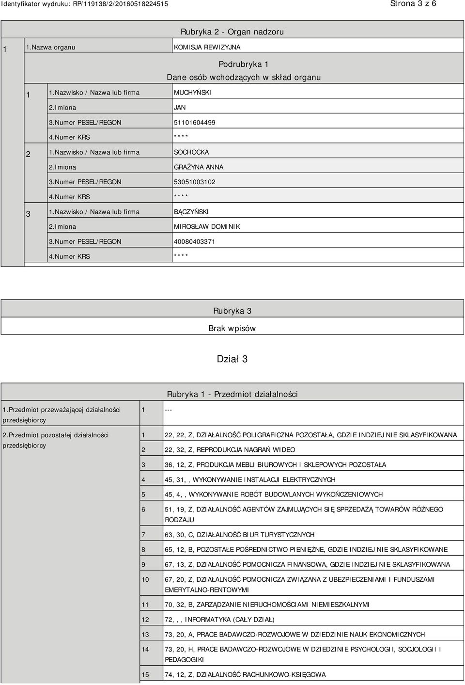 Numer PESEL/REGON 40080403371 Rubryka 3 Dział 3 Rubryka 1 - Przedmiot działalności 1.Przedmiot przeważającej działalności przedsiębiorcy 2.