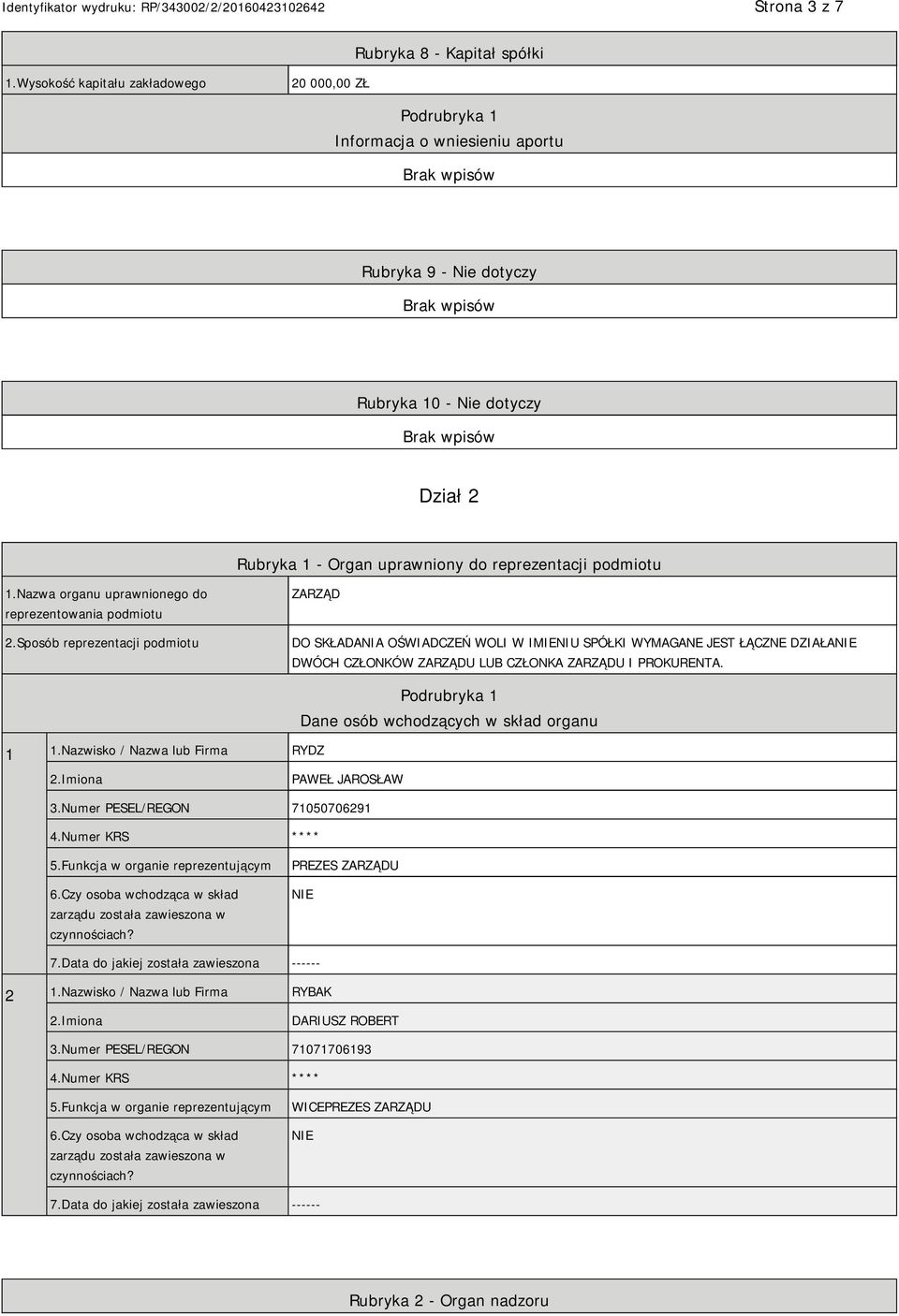 1.Nazwa organu uprawnionego do reprezentowania podmiotu 2.