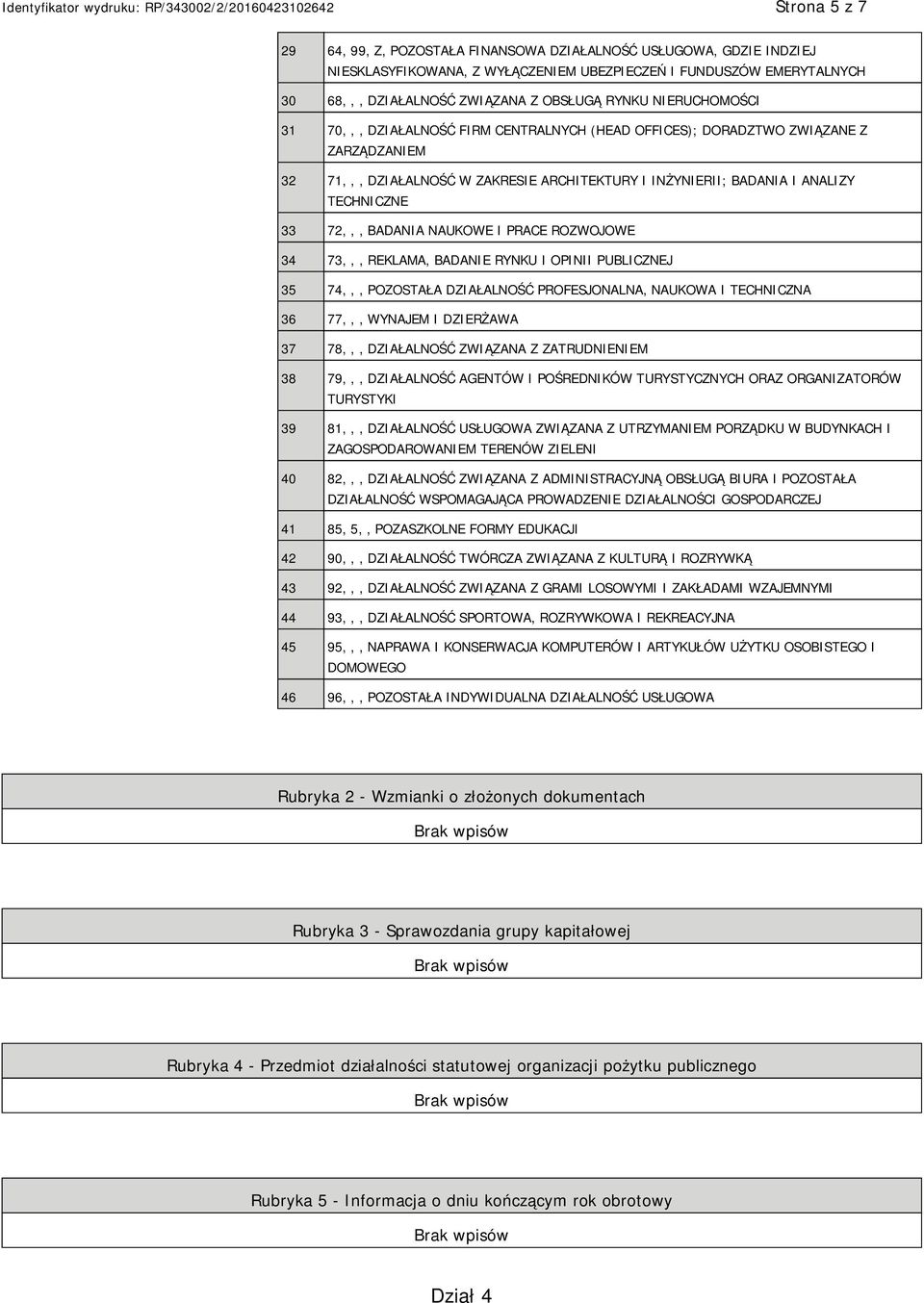 NAUKOWE I PRACE ROZWOJOWE 34 73,,, REKLAMA, BADA RYNKU I OPINII PUBLICZNEJ 35 74,,, POZOSTAŁA DZIAŁALNOŚĆ PROFESJONALNA, NAUKOWA I TECHNICZNA 36 77,,, WYNAJEM I DZIERŻAWA 37 78,,, DZIAŁALNOŚĆ
