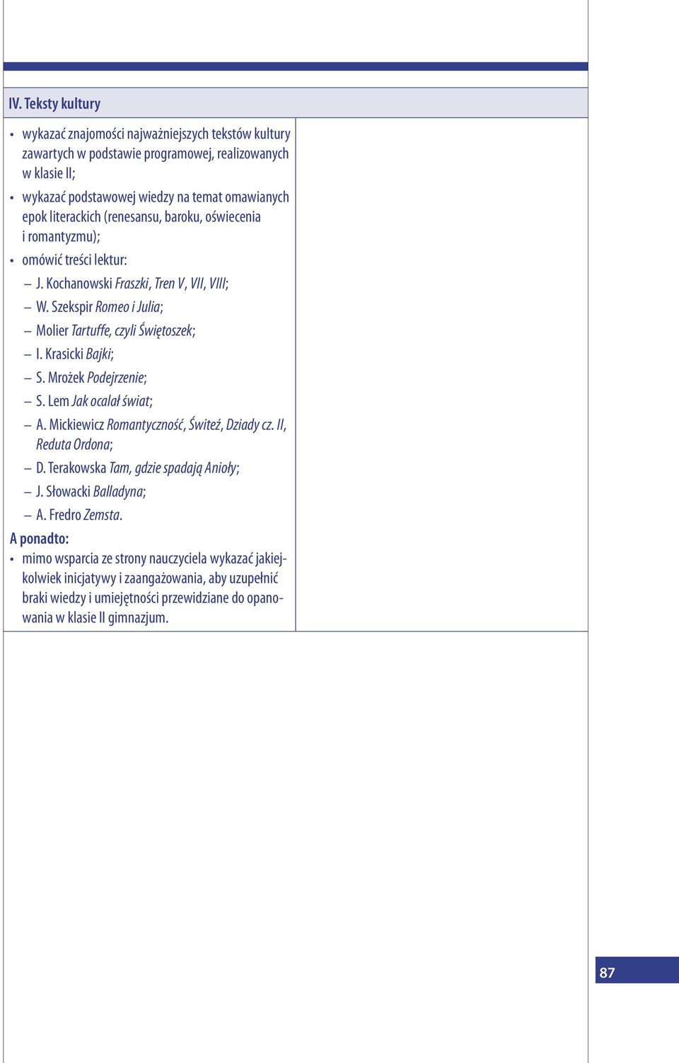Krasicki Bajki; S. Mrożek Podejrzenie; S. Lem Jak ocalał świat; A. Mickiewicz Romantyczność, Świteź, Dziady cz. II, Reduta Ordona; D. Terakowska Tam, gdzie spadają Anioły; J.