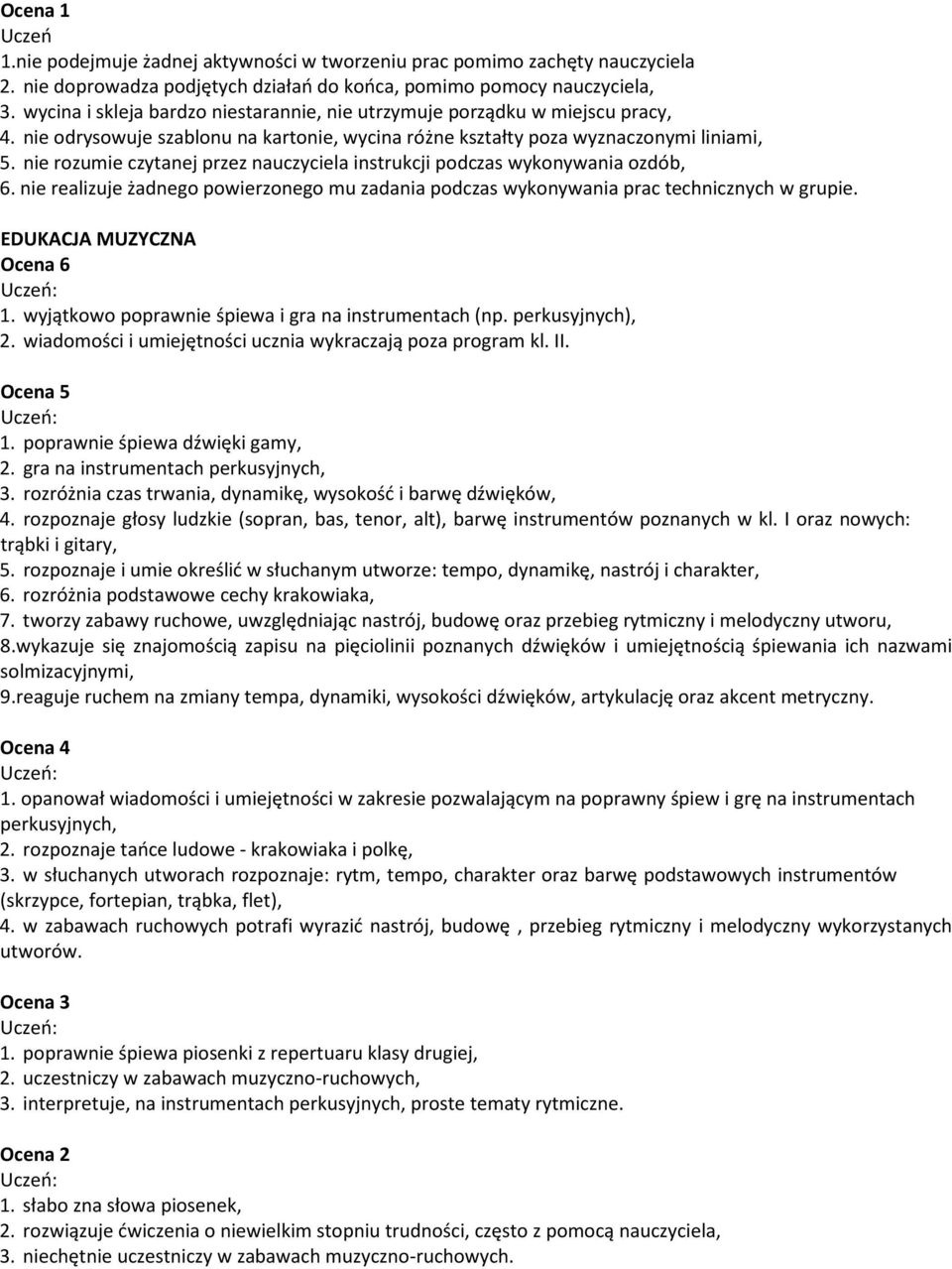 nie rozumie czytanej przez nauczyciela instrukcji podczas wykonywania ozdób, 6. nie realizuje żadnego powierzonego mu zadania podczas wykonywania prac technicznych w grupie. EDUKACJA MUZYCZNA 1.