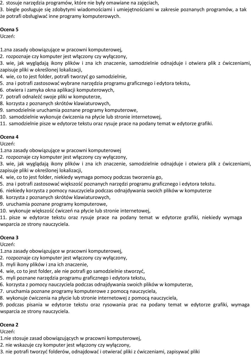 zna zasady obowiązujące w pracowni komputerowej, 2. rozpoznaje czy komputer jest włączony czy wyłączony, 3.