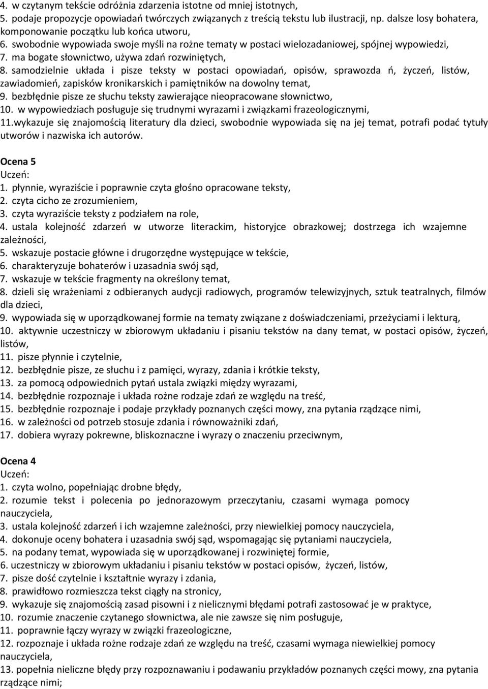 ma bogate słownictwo, używa zdań rozwiniętych, 8.
