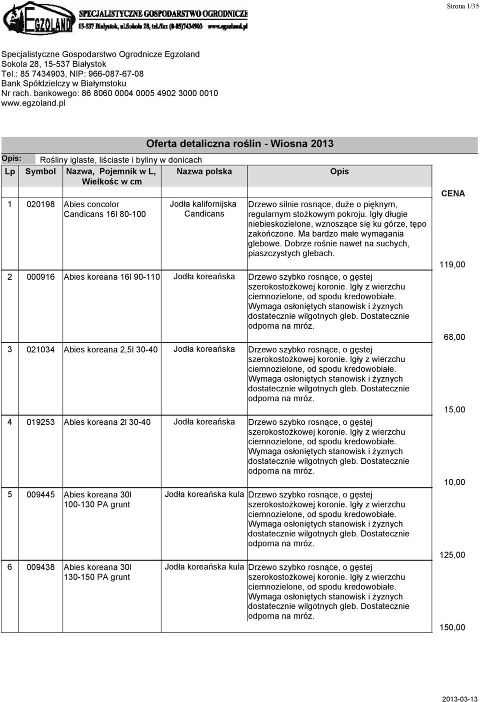 pl Oferta detaliczna roślin - Wiosna 2013 Opis: Rośliny iglaste, liściaste i byliny w donicach Lp Symbol Nazwa, Pojemnik w L, Nazwa polska Opis 1 020198 Abies concolor Jodła kalifornijska Candicans