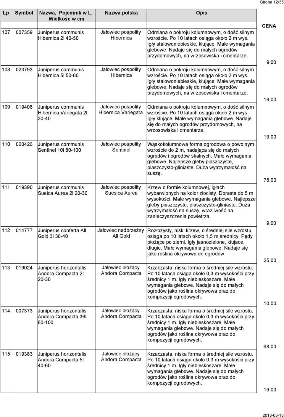 Sueica Aurea 2l 20-30 Suesica Aurea 112 014777 Juniperus conferta All Jałowiec nadbrzeżny Gold 3l 30-40 All Gold 113 019024 Juniperus horizontalis Jałowiec płożący Andora Compacta 2l Andora Compacta