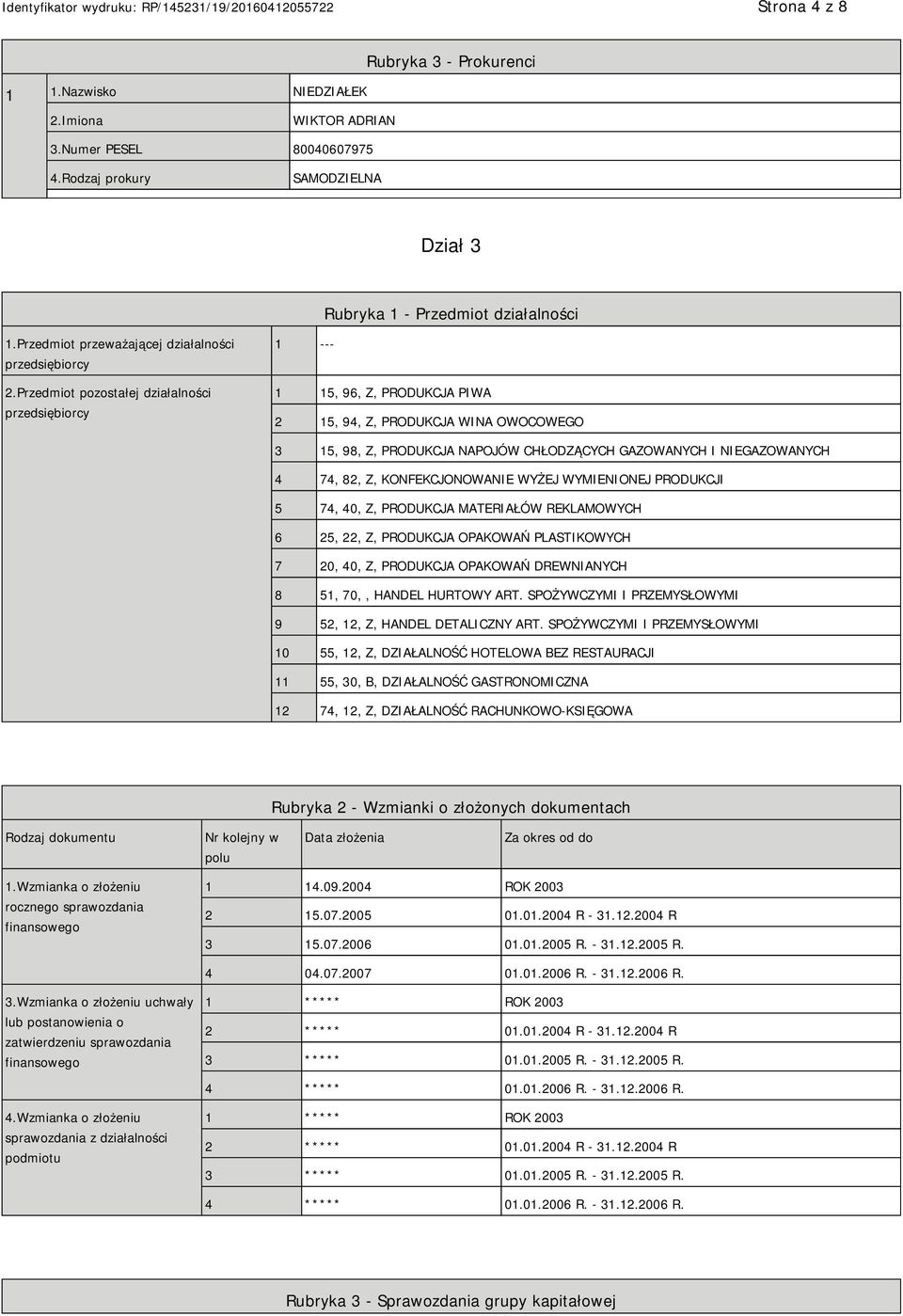 Przedmiot pozostałej działalności przedsiębiorcy 1 --- 1 15, 96, Z, PRODUKCJA PIWA 2 15, 94, Z, PRODUKCJA WINA OWOCOWEGO 3 15, 98, Z, PRODUKCJA NAPOJÓW CHŁODZĄCYCH GAZOWANYCH I NIEGAZOWANYCH 4 74,