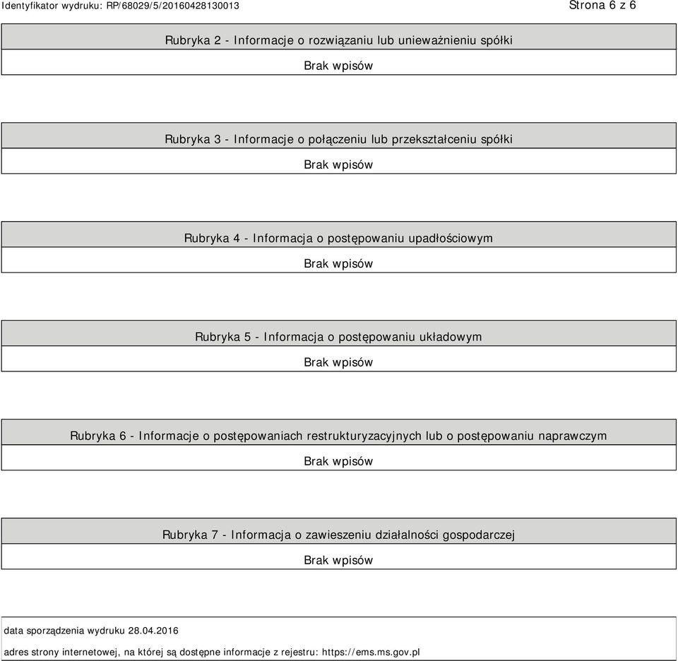 o postępowaniach restrukturyzacyjnych lub o postępowaniu naprawczym Rubryka 7 - Informacja o zawieszeniu działalności gospodarczej