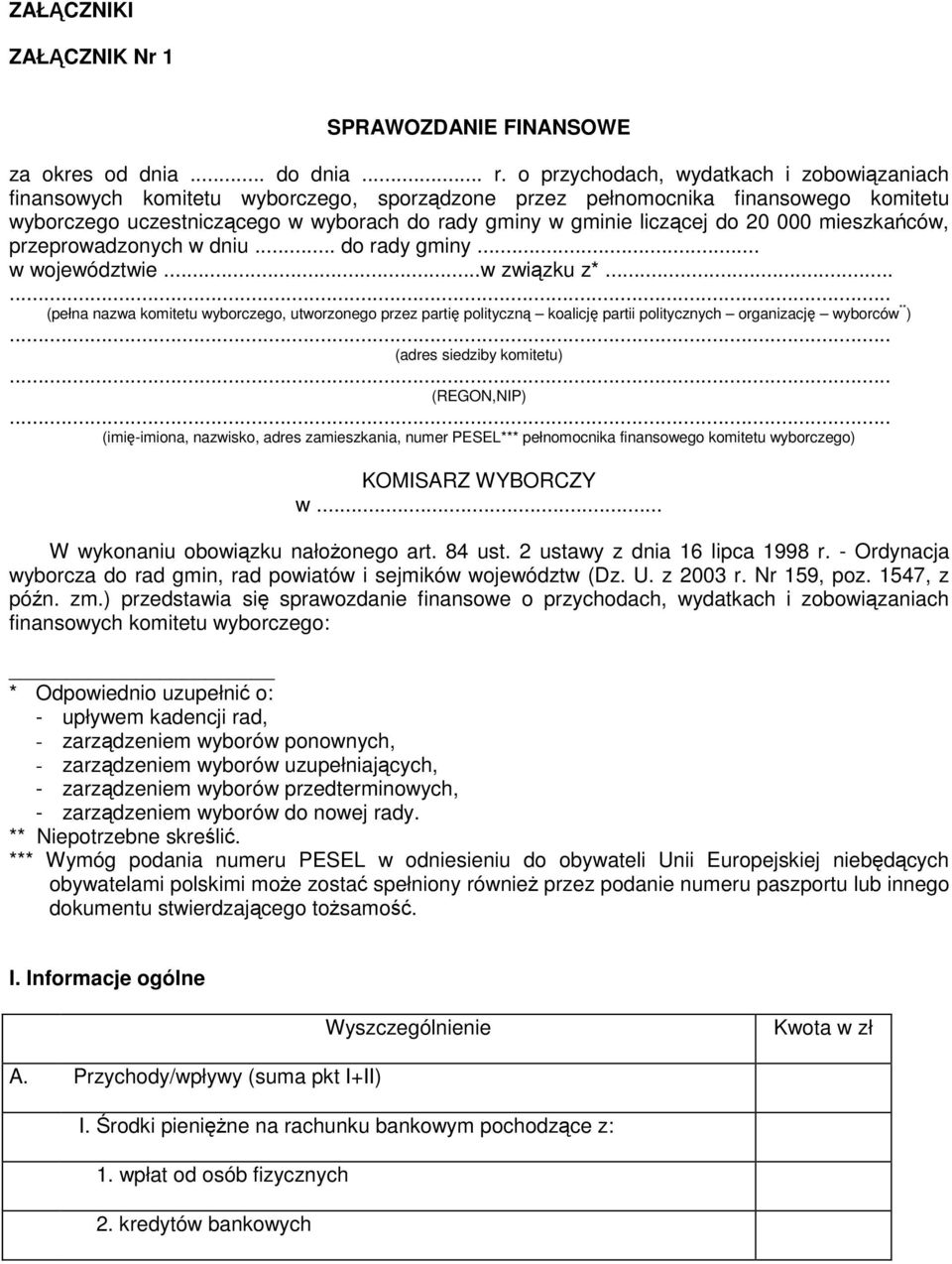 20 000 mieszkańców, przeprowadzonych w dniu... do rady gminy... w województwie...w związku z*.