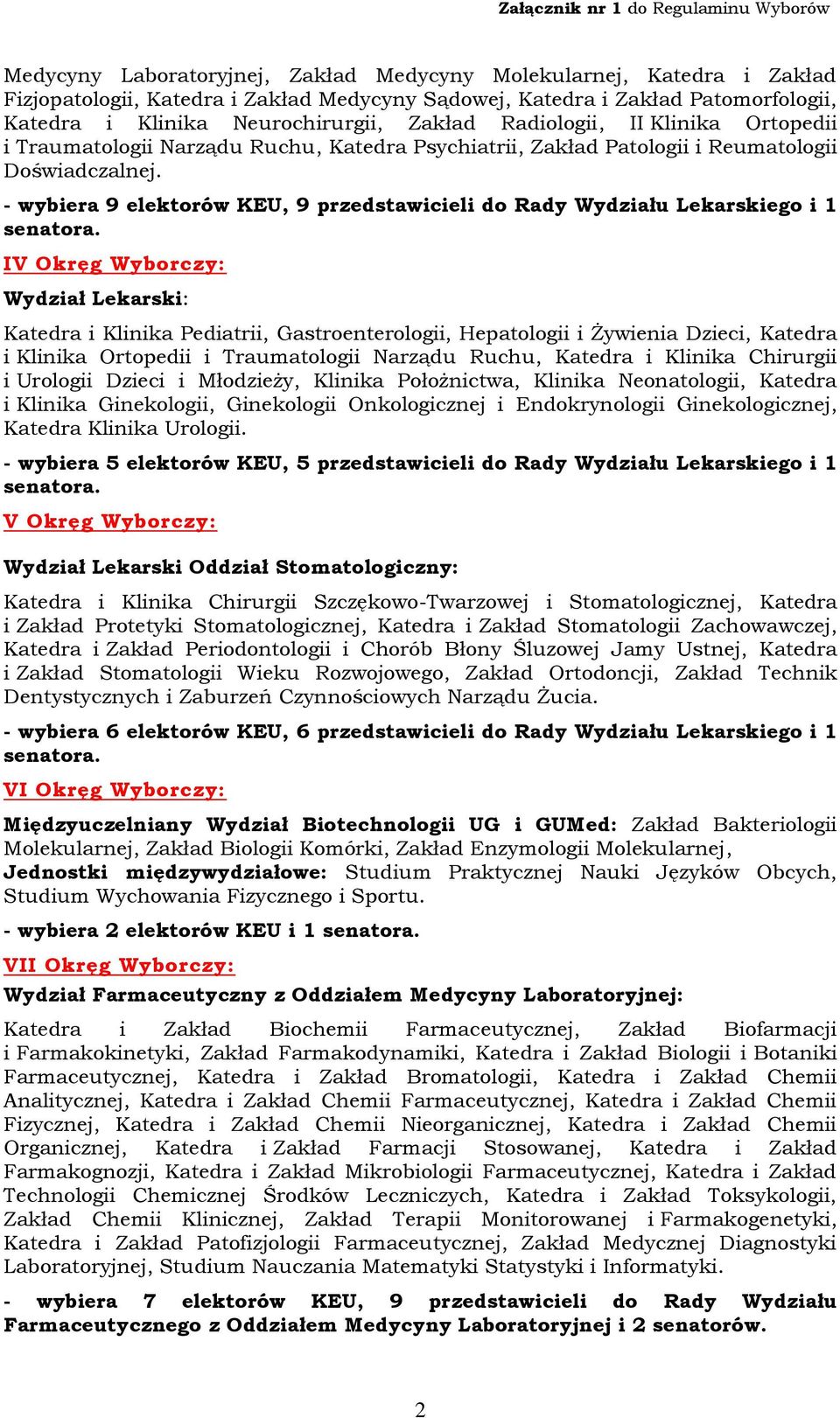 - wybiera 9 elektorów KEU, 9 przedstawicieli do Rady Wydziału Lekarskiego i 1 IV Okręg Wyborczy: Katedra i Klinika Pediatrii, Gastroenterologii, Hepatologii i Żywienia Dzieci, Katedra i Klinika