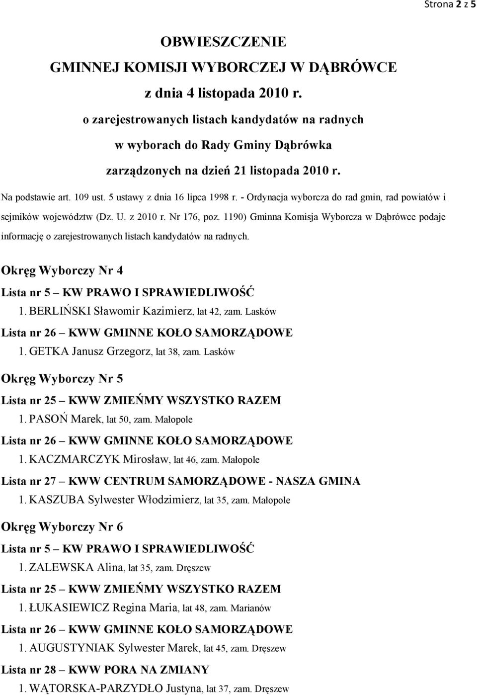 Małopole Okręg Wyborczy Nr 6 1. ZALEWSKA Alina, lat 35, zam. Dręszew 1. ŁUKASIEWICZ Regina Maria, lat 48, zam. Marianów 1.