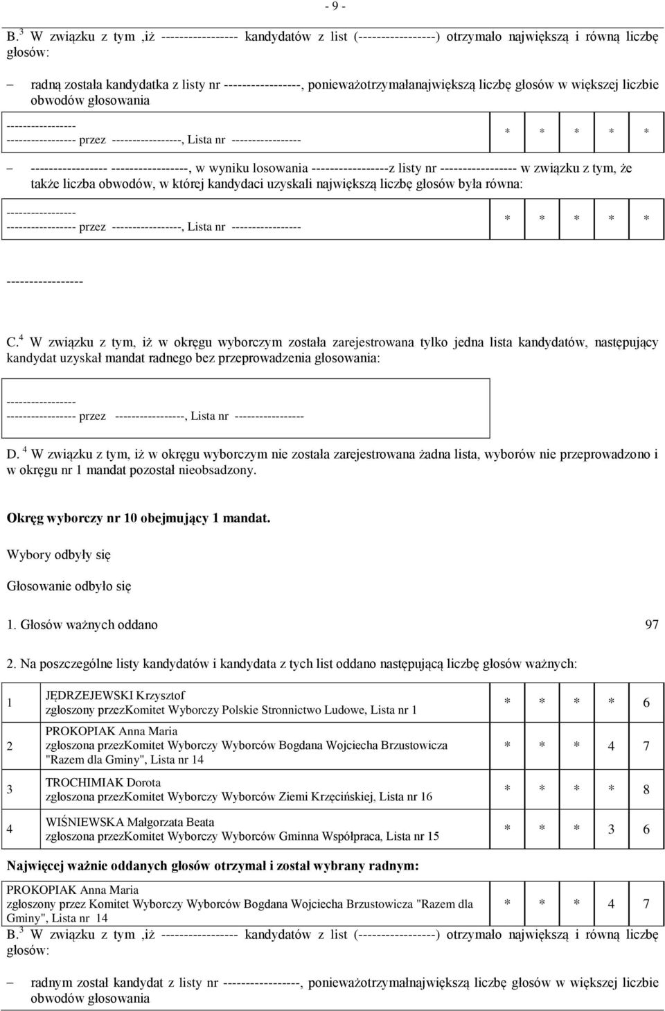 głosowania przez, Lista nr, w wyniku losowania z listy nr w związku z tym, że także liczba obwodów, w której kandydaci uzyskali największą liczbę głosów była równa: przez, Lista nr C.