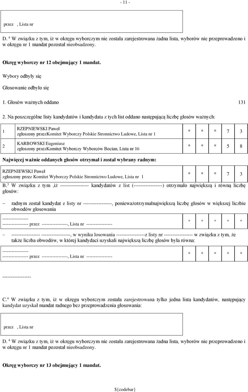 Na poszczególne listy kandydatów i kandydata z tych list oddano następującą liczbę głosów ważnych: RZEPNIEWSKI Paweł zgłoszony przezkomitet Wyborczy Polskie Stronnictwo Ludowe, Lista nr KARBOWSKI