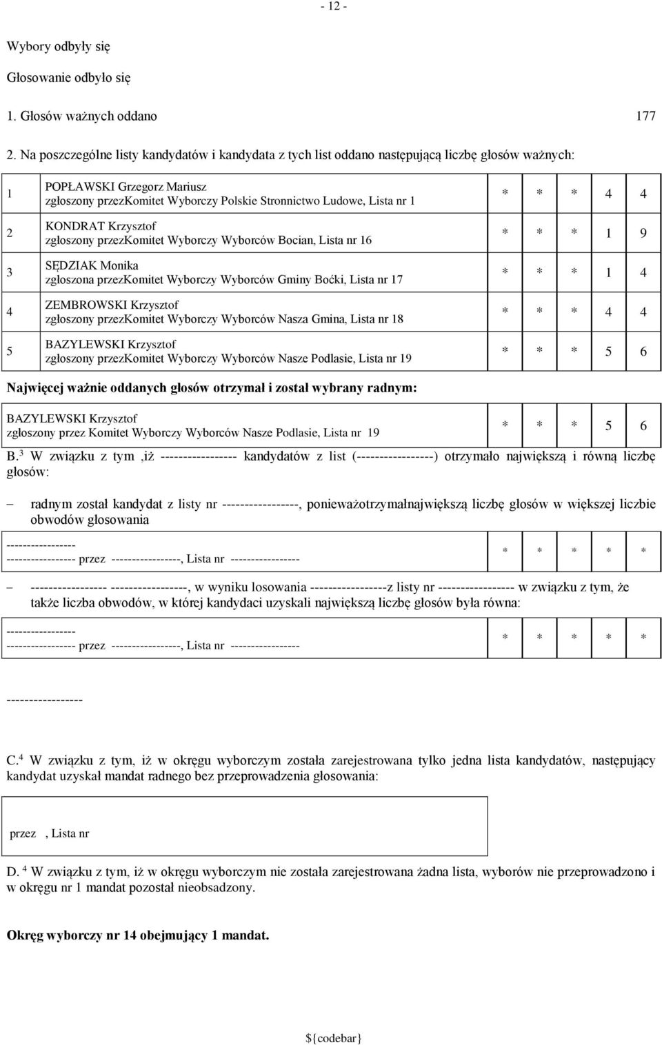 KONDRAT Krzysztof zgłoszony przezkomitet Wyborczy Wyborców Bocian, Lista nr 6 SĘDZIAK Monika zgłoszona przezkomitet Wyborczy Wyborców Gminy Boćki, Lista nr 7 ZEMBROWSKI Krzysztof zgłoszony