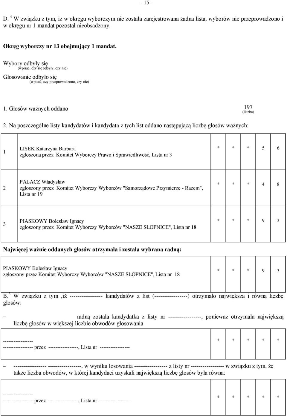 Na poszczególne listy kandydatów i kandydata z tych list oddano następującą liczbę głosów ważnych: LISEK Katarzyna Barbara zgłoszona przez Komitet Wyborczy Prawo i Sprawiedliwość, Lista nr 3 * * * 5