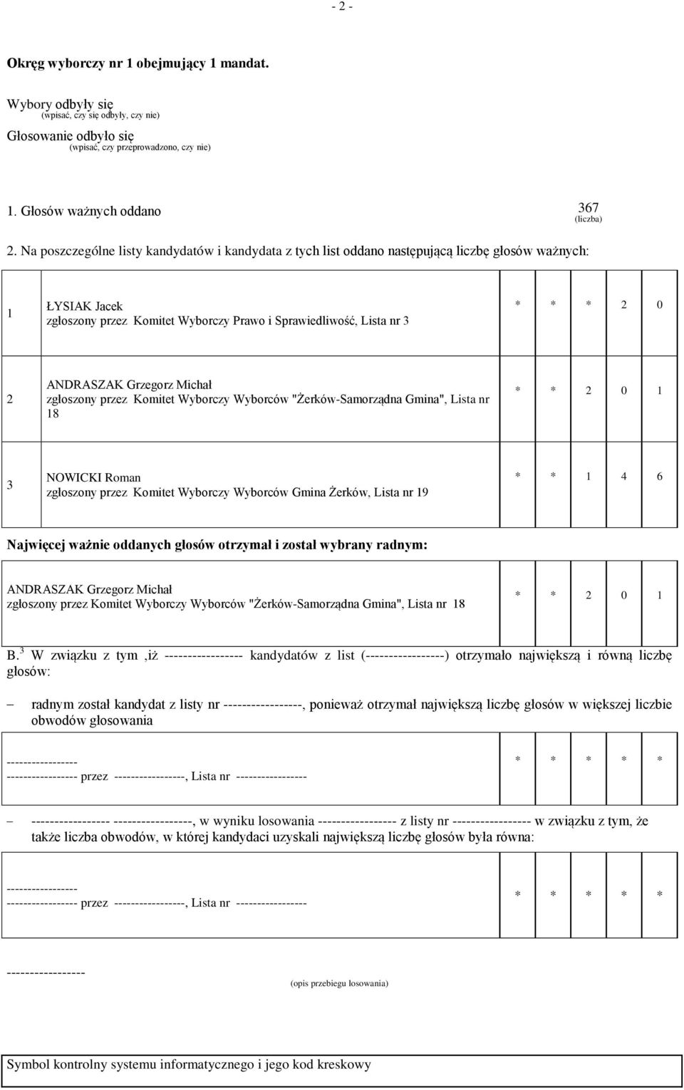 Grzegorz Michał zgłoszony przez Komitet Wyborczy Wyborców "Żerków-Samorządna Gmina", Lista nr 8 * * 0 NOWICKI Roman zgłoszony przez Komitet Wyborczy Wyborców Gmina Żerków, Lista nr 9 * * 4 6