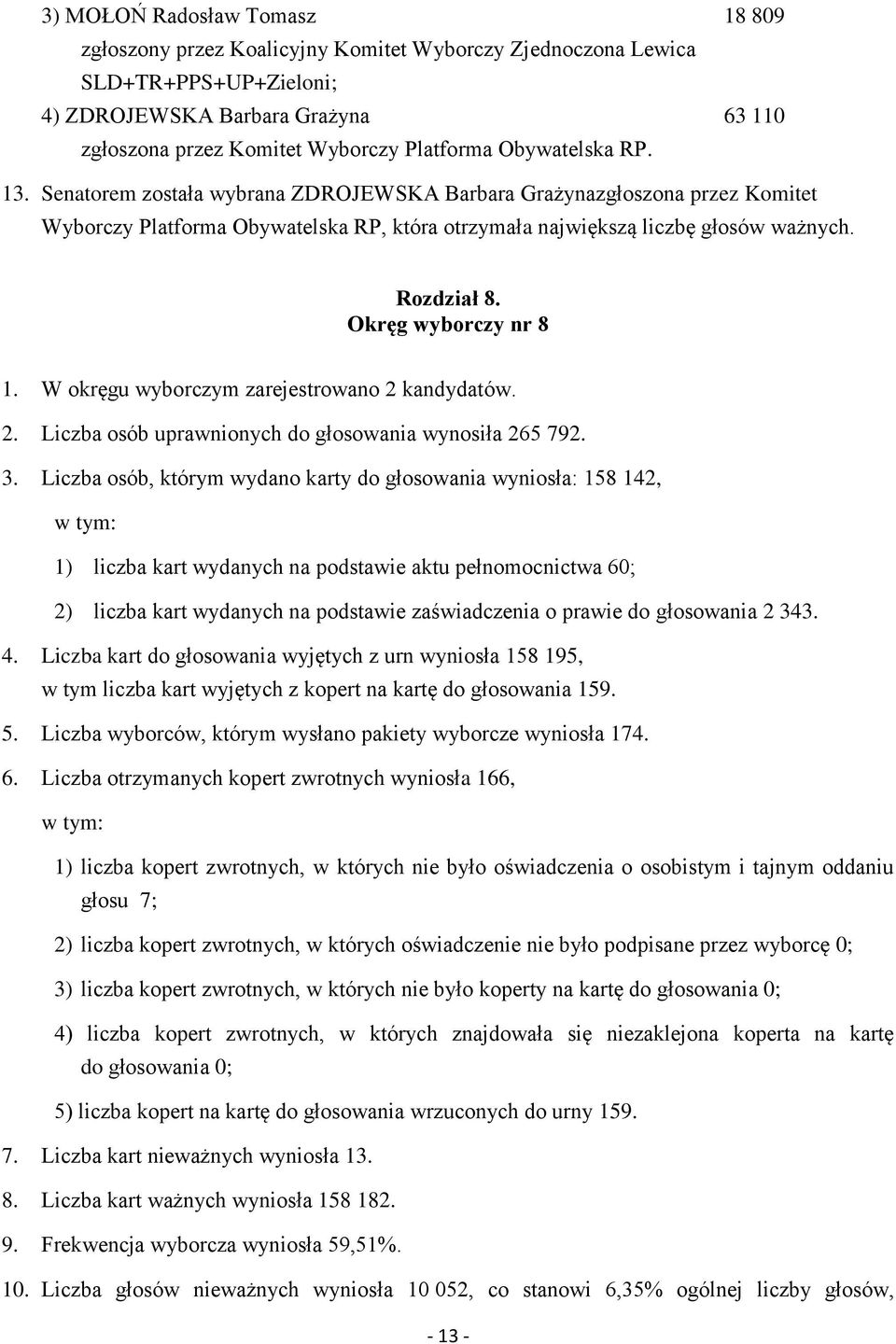 Okręg wyborczy nr 8 1. W okręgu wyborczym zarejestrowano 2 kandydatów. 2. Liczba osób uprawnionych do głosowania wynosiła 265 792. 3.