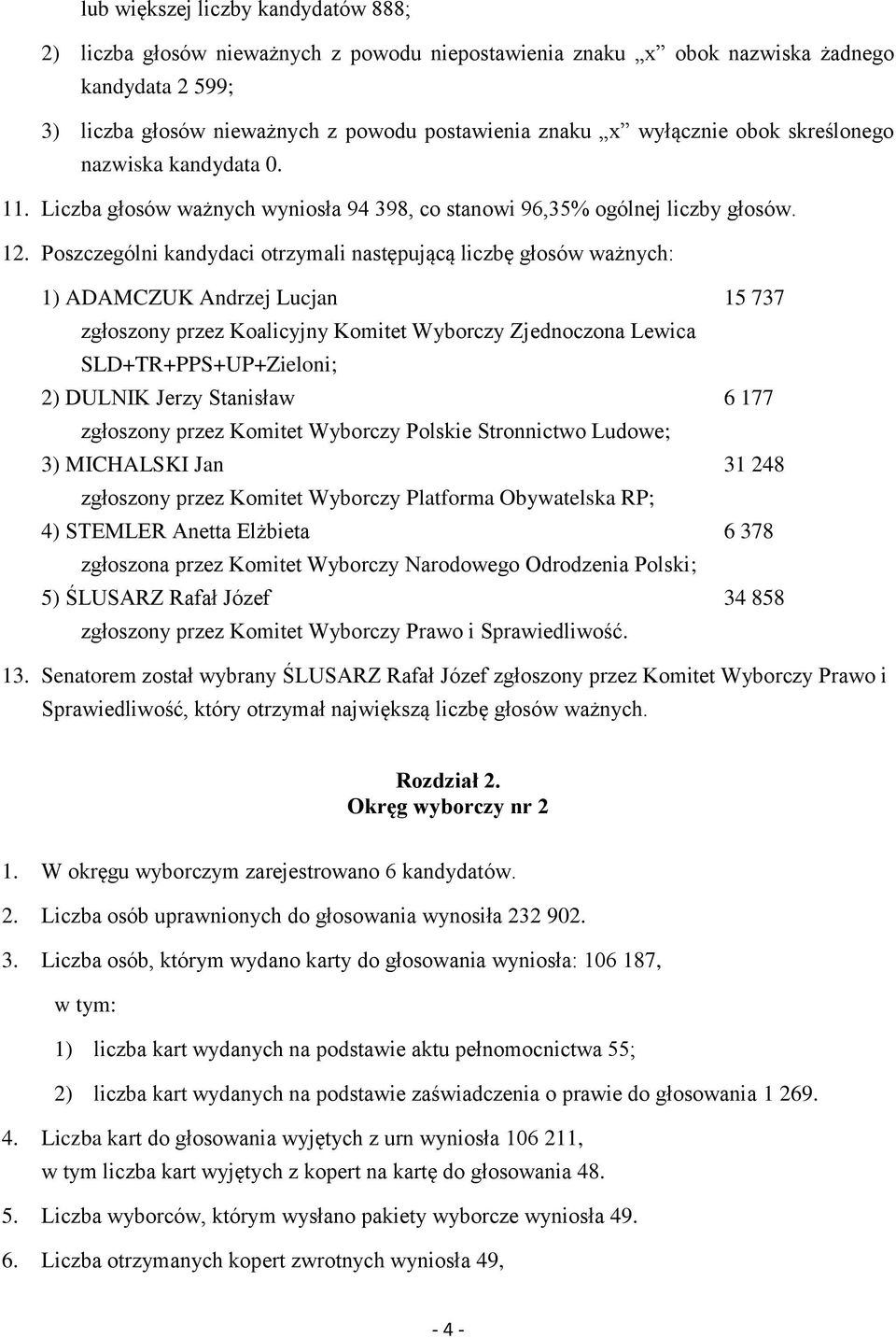 Stronnictwo Ludowe; 3) MICHALSKI Jan 31 248 zgłoszony przez Komitet Wyborczy Platforma Obywatelska RP; 4) STEMLER Anetta Elżbieta 6 378 zgłoszona przez Komitet Wyborczy Narodowego Odrodzenia Polski;