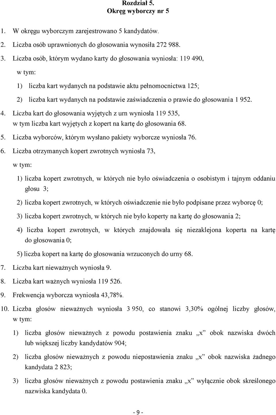 głosowania 1 952. 4. Liczba kart do głosowania wyjętych z urn wyniosła 119 535, w tym liczba kart wyjętych z kopert na kartę do głosowania 68. 5. Liczba wyborców, którym wysłano pakiety wyborcze wyniosła 76.