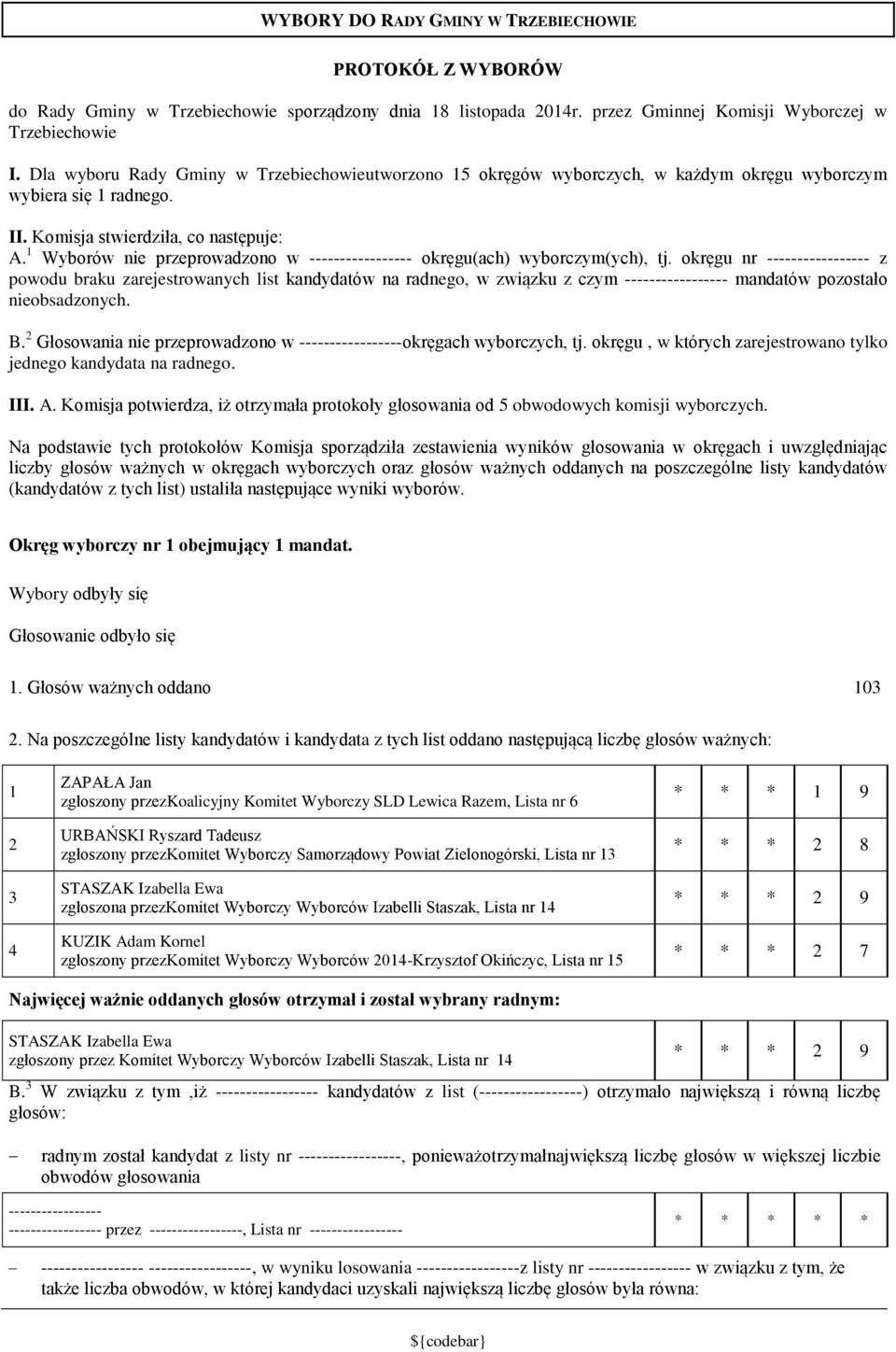 Wyborów nie przeprowadzono w okręgu(ach) wyborczym(ych), tj. okręgu nr z powodu braku zarejestrowanych list kandydatów na radnego, w związku z czym mandatów pozostało nieobsadzonych. B.