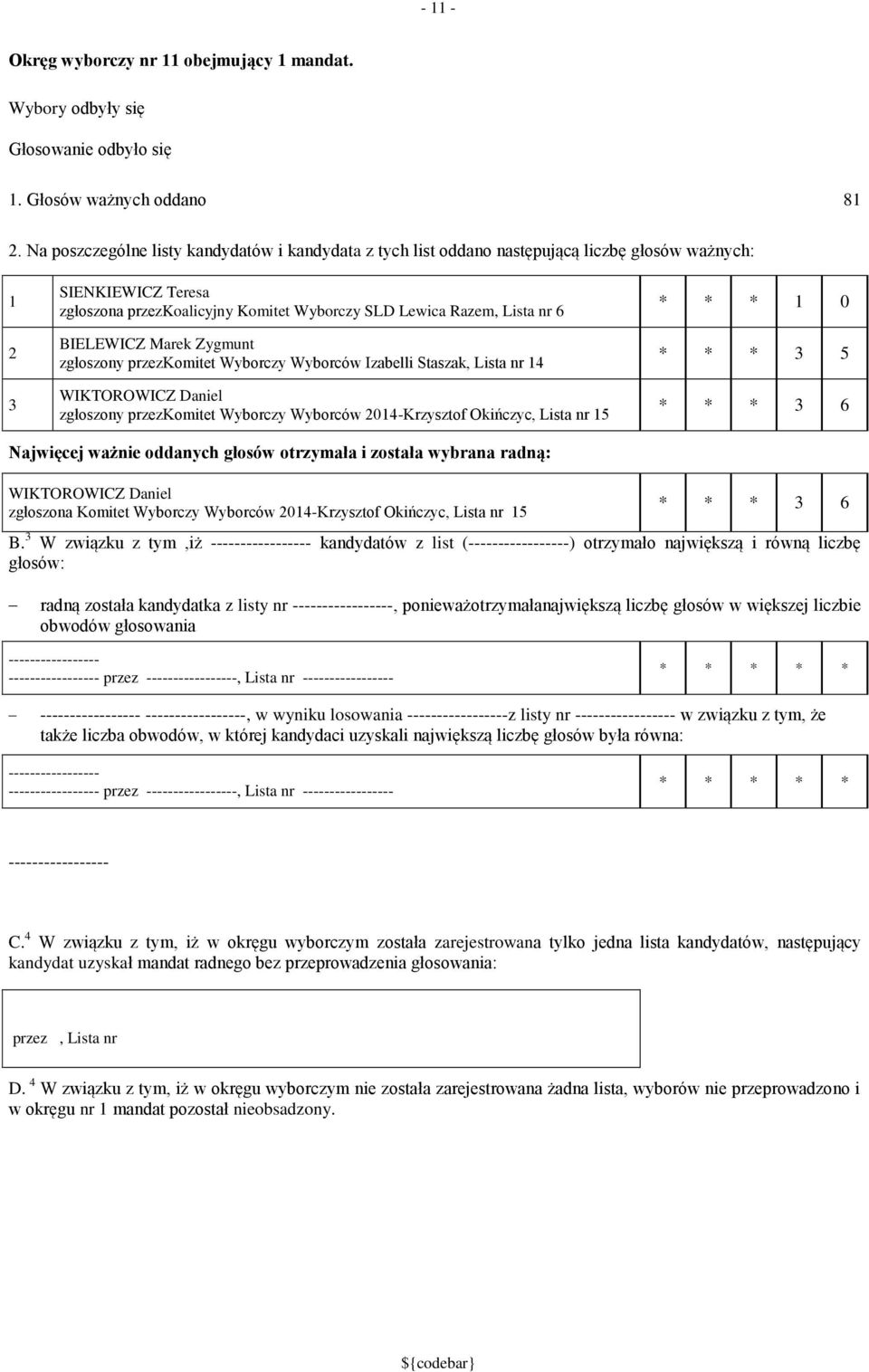 Marek Zygmunt zgłoszony przezkomitet Wyborczy Wyborców Izabelli Staszak, Lista nr 4 WIKTOROWICZ Daniel zgłoszony przezkomitet Wyborczy Wyborców 04-Krzysztof Okińczyc, Lista nr 5 * * * 0 * * * 5 * * *