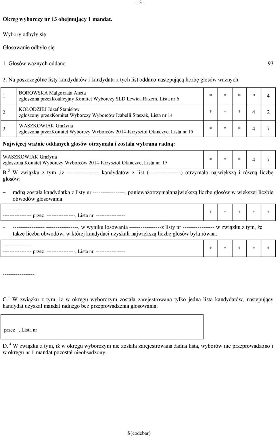 KOŁODZIEJ Józef Stanisław zgłoszony przezkomitet Wyborczy Wyborców Izabelli Staszak, Lista nr 4 WASZKOWIAK Grażyna zgłoszona przezkomitet Wyborczy Wyborców 04-Krzysztof Okińczyc, Lista nr 5 * * * * 4