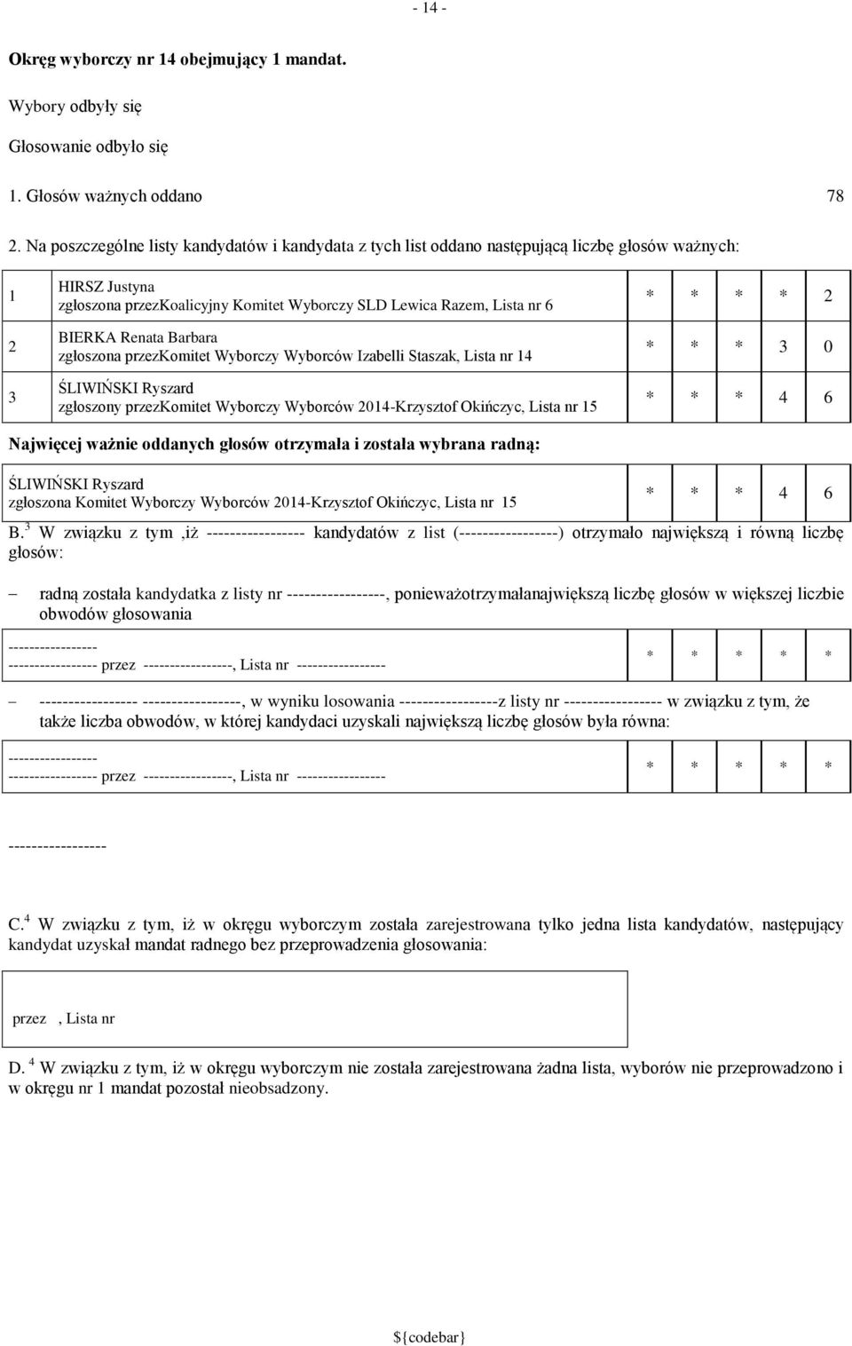 Barbara zgłoszona przezkomitet Wyborczy Wyborców Izabelli Staszak, Lista nr 4 ŚLIWIŃSKI Ryszard zgłoszony przezkomitet Wyborczy Wyborców 04-Krzysztof Okińczyc, Lista nr 5 * * * * * * * 0 * * * 4 6