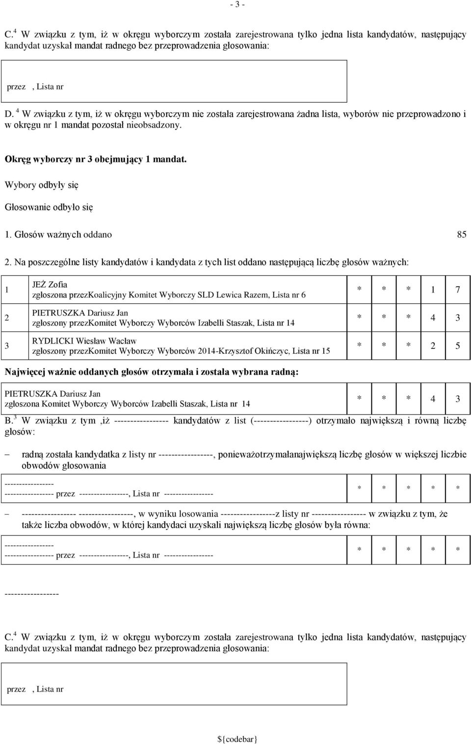Wybory odbyły się Głosowanie odbyło się. Głosów ważnych oddano 85.