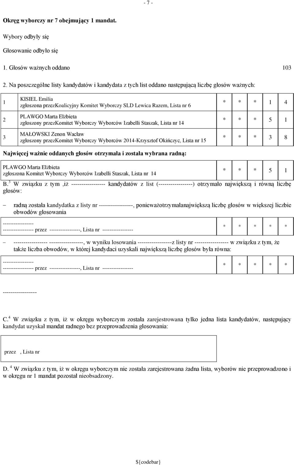 Elżbieta zgłoszony przezkomitet Wyborczy Wyborców Izabelli Staszak, Lista nr 4 MAŁOWSKI Zenon Wacław zgłoszony przezkomitet Wyborczy Wyborców 04-Krzysztof Okińczyc, Lista nr 5 * * * 4 * * * 5 * * * 8
