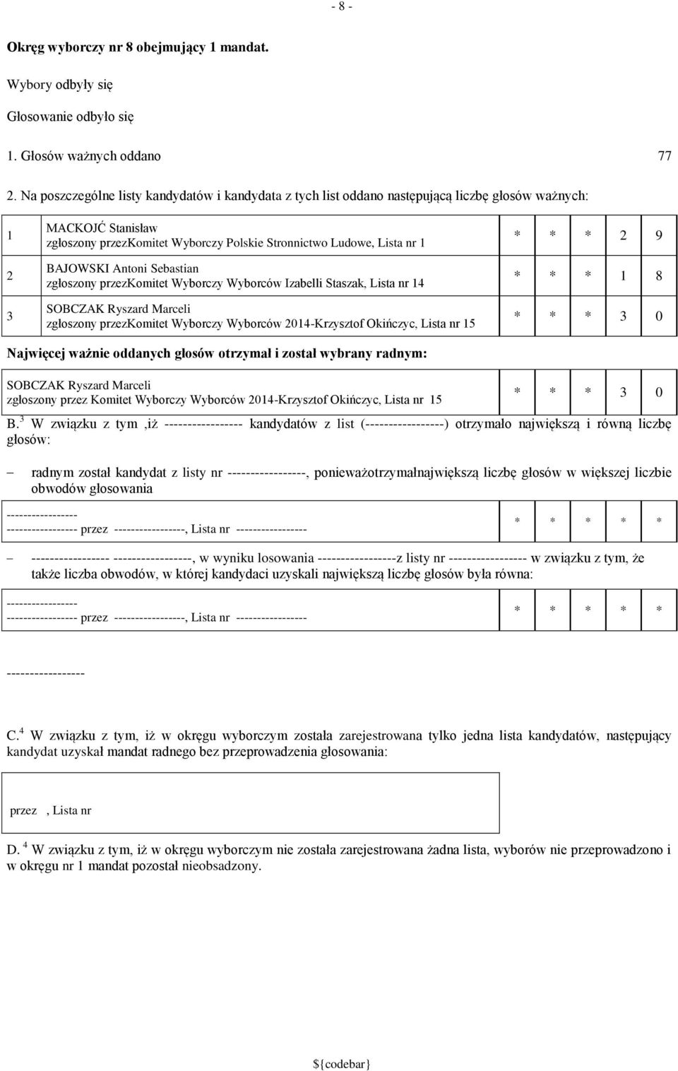 Antoni Sebastian zgłoszony przezkomitet Wyborczy Wyborców Izabelli Staszak, Lista nr 4 SOBCZAK Ryszard Marceli zgłoszony przezkomitet Wyborczy Wyborców 04-Krzysztof Okińczyc, Lista nr 5 * * * 9 * * *