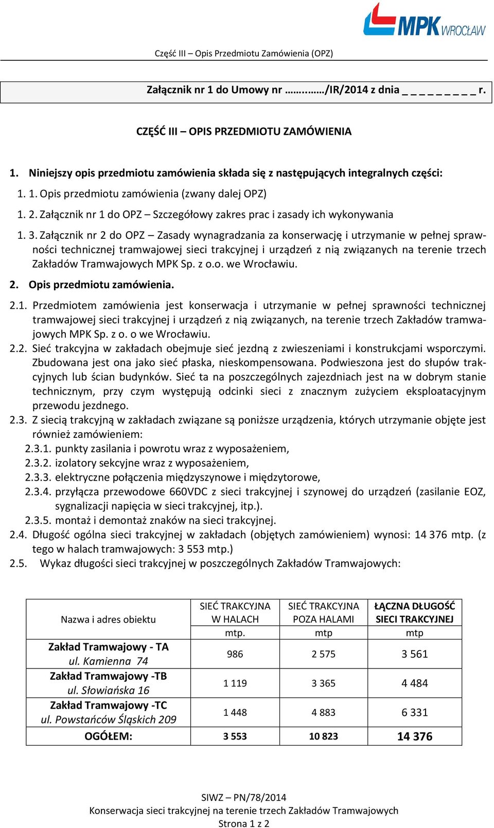 Załącznik nr 2 do OPZ Zasady wynagradzania za konserwację i utrzymanie w pełnej sprawności technicznej tramwajowej sieci trakcyjnej i urządzeń z nią związanych na terenie trzech Zakładów Tramwajowych