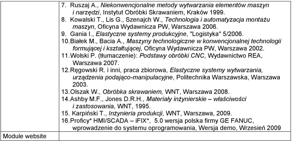 , Maszyny technologiczne w konwencjonalnej technologii formującej i kształtującej, Oficyna Wydawnicza PW, Warszawa 2002. 11. Wolski P.