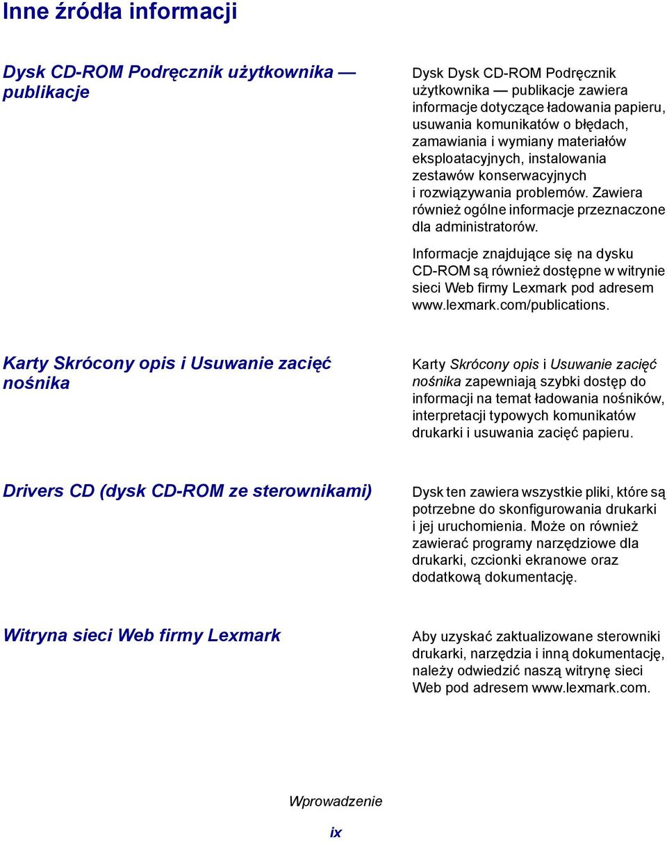 Informacje znajdujące się na dysku CD-ROM są również dostępne w witrynie sieci Web firmy Lexmark pod adresem www.lexmark.com/publications.