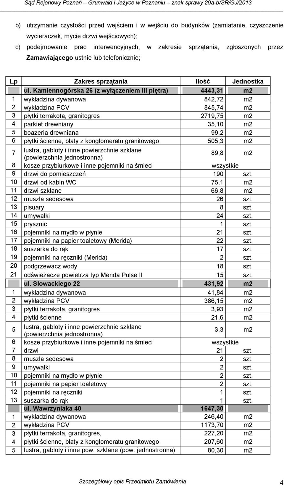 Kamiennogórska 26 (z wyłączeniem III piętra) 4443,31 m2 1 wykładzina dywanowa 842,72 m2 2 wykładzina PCV 845,74 m2 3 płytki terrakota, granitogres 2719,75 m2 4 parkiet drewniany 35,10 m2 5 boazeria