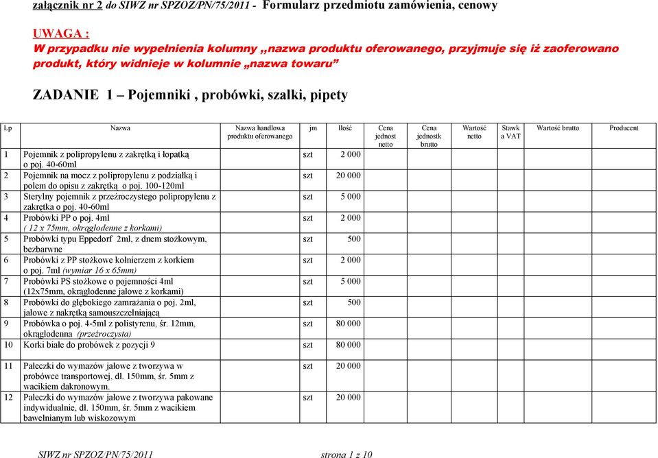 łatką o poj. 40-60ml 2 Pojemnik na mocz z poliprylenu z podziałką i szt 20 000 polem do isu z zakrętką o poj. 100-120ml 3 Sterylny pojemnik z przeźroczystego poliprylenu z szt 5 000 zakrętka o poj.