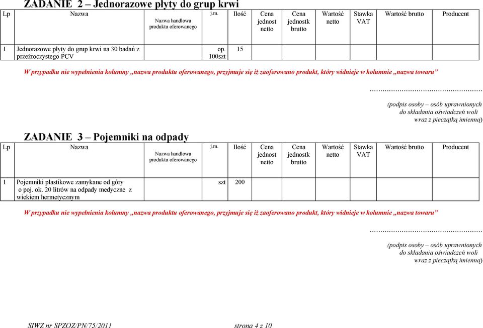 100szt 15 W przypadku nie wypełnienia kolumny,,nazwa produktu oferowanego, przyjmuje się iż zaoferowano produkt, który widnieje w kolumnie nazwa towaru.