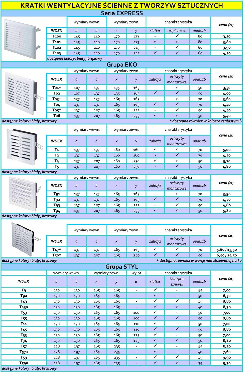 charakterystyka INDEX a b x y żaluzja uchwyty montażowe T0* 07 37 35 65-50 3,50 T02 07 37 35 65 50 4,00 T03* 37 37 65 65-70 3,60 T04 37 37 65 65 70 4,40 T05* 37 207 65 235-50 4,40 T06 37 207 65 235