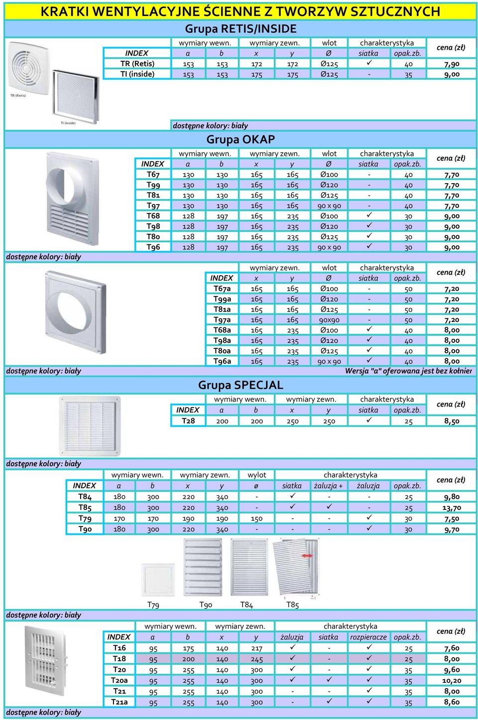 wlot charakterystyka INDEX a b x y Ø siatka T67 30 30 65 65 Ø00-40 7,70 T99 30 30 65 65 Ø20-40 7,70 T8 30 30 65 65 Ø25-40 7,70 T97 30 30 65 65 90 x 90-40 7,70 T68 28 97 65 235 Ø00 30 9,00 T98 28 97